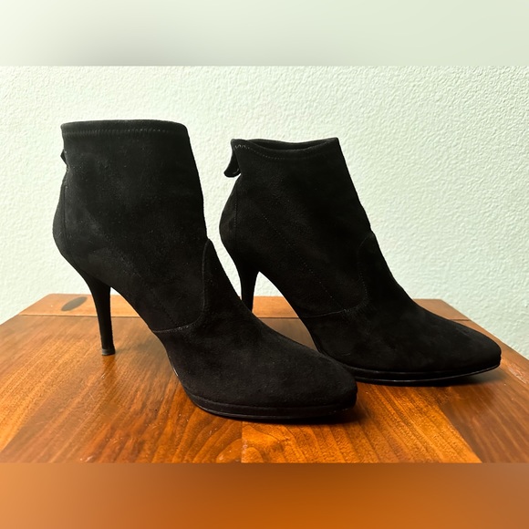 Stuart Weitzman Black Suede Stretch Boots Sock Booties Designer Heel Short Pull - Picture 7 of 15